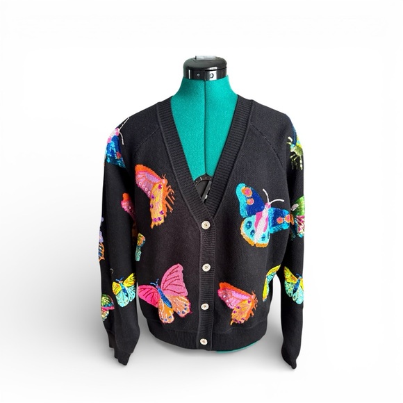 QUEEN OF SPARKLES Black Cardigan with Colorful Butterfly Motifs - Picture 6 of 12